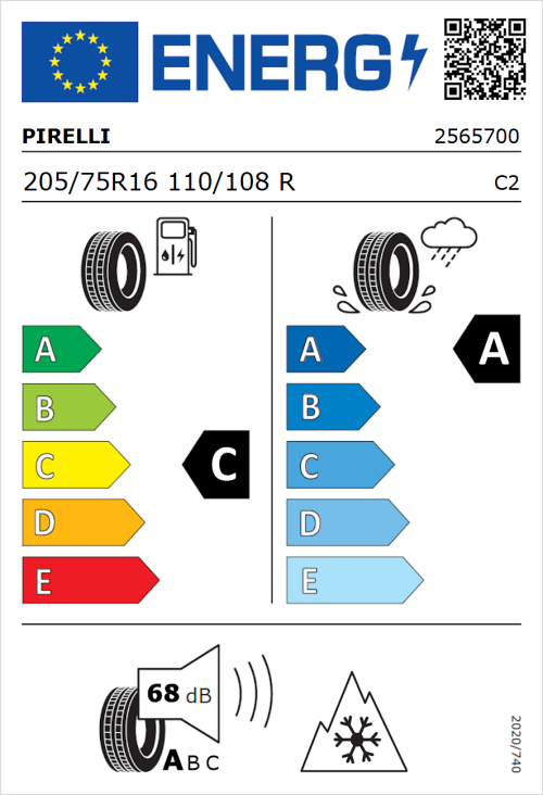 Tyre Label for Pirelli Carrier All Season 205/75R16 110/108R