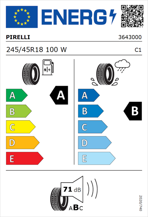 Tyre Label for Pirelli P Zero 245/45R18 100W