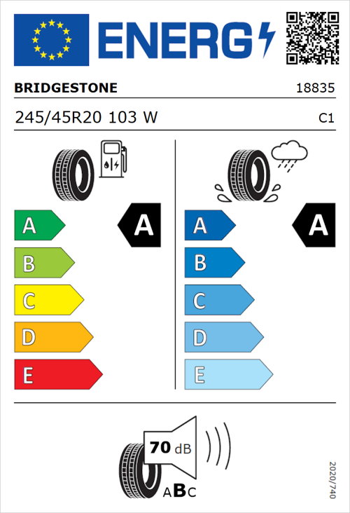 Tyre Label for Bridgestone Alenza 001 245/45R20 103W