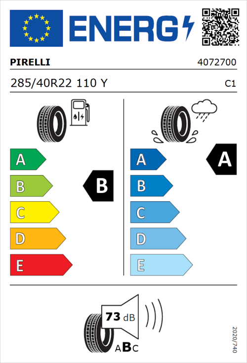 Tyre Label for Pirelli P Zero 285/40R22 110Y