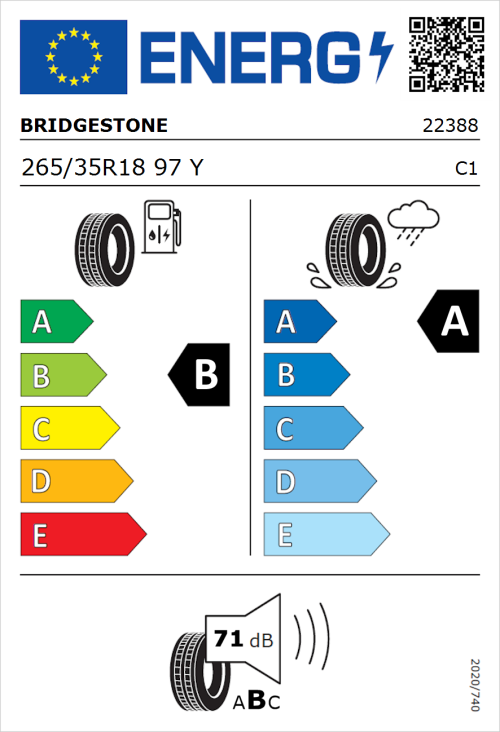 Tyre Label for Bridgestone Turanza 6 265/35R18 97Y