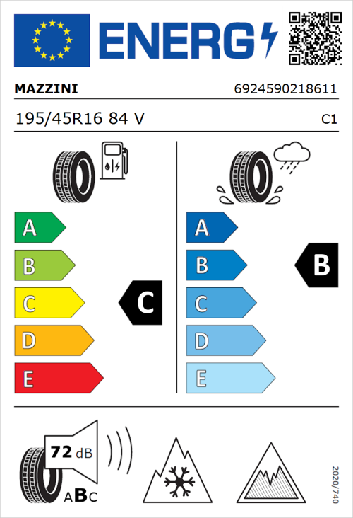 Tyre Label for Mazzini Versat-AS8 195/45R16 84V