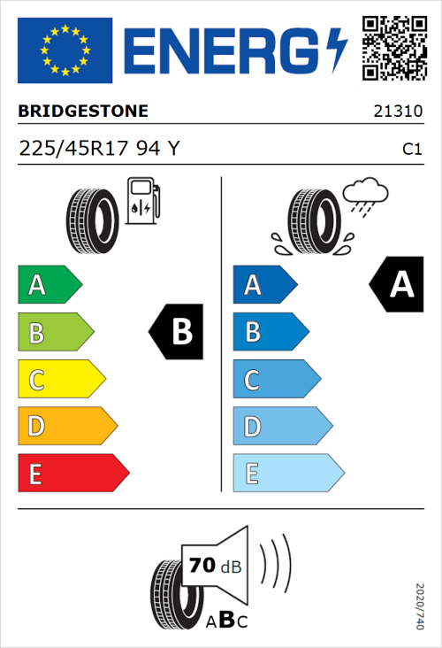 Tyre Label for Bridgestone Turanza 6 225/45R17 94Y