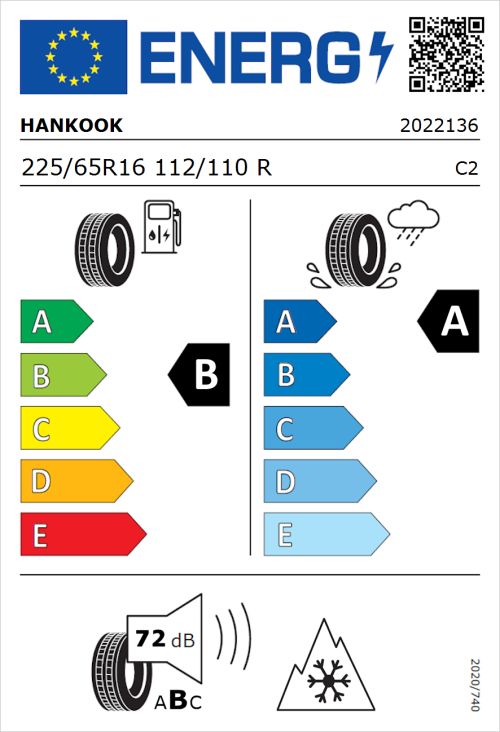 Tyre Label for Hankook Vantra Transit (RA58) 225/65R16 112/110R