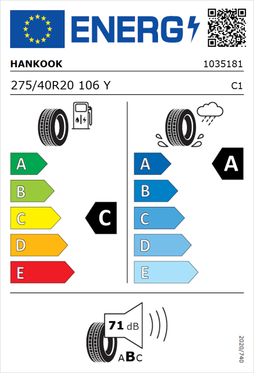 Tyre Label for Hankook Ventus Evo (K137A) 275/40R20 106Y