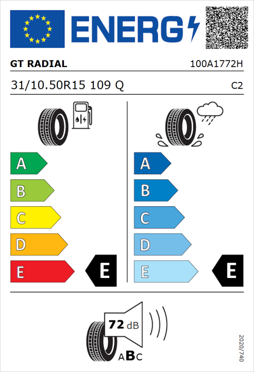 Tyre Label for GT Radial ADVENTURO M/T 31/10.50R15 109Q
