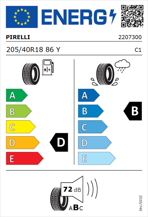 Tyre Label for Pirelli P Zero 205/40R18 86Y